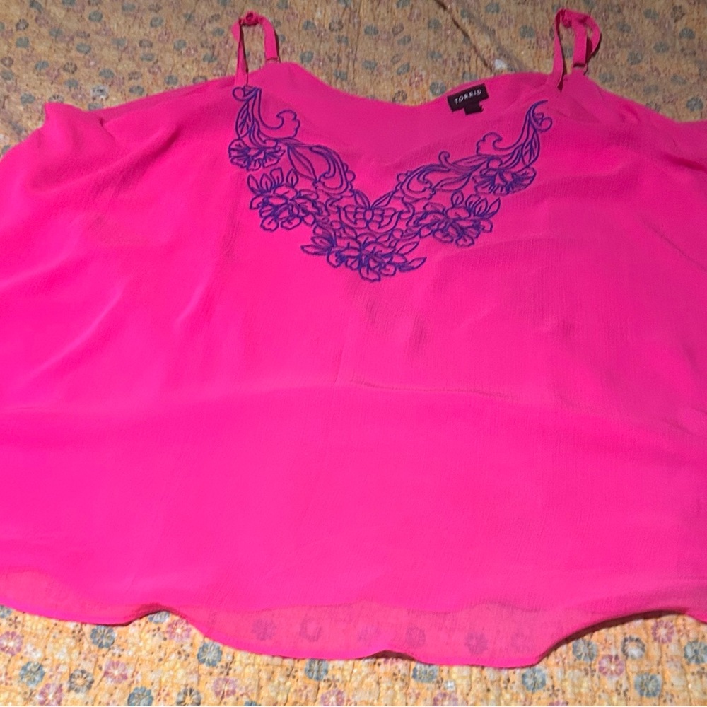 Lane Bryant Vibrant Pink Camisole with Intricate Blue Design